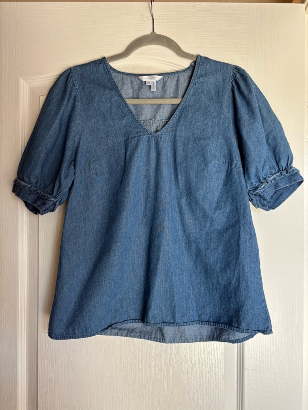Draper James Heidi Blue Chambray Ruffle Puff Sleeve Cottagecore Top women’s XS